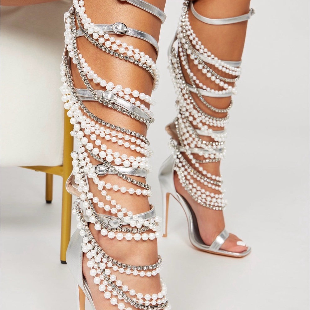 Elegant Silver and White Strappy Women's Heels